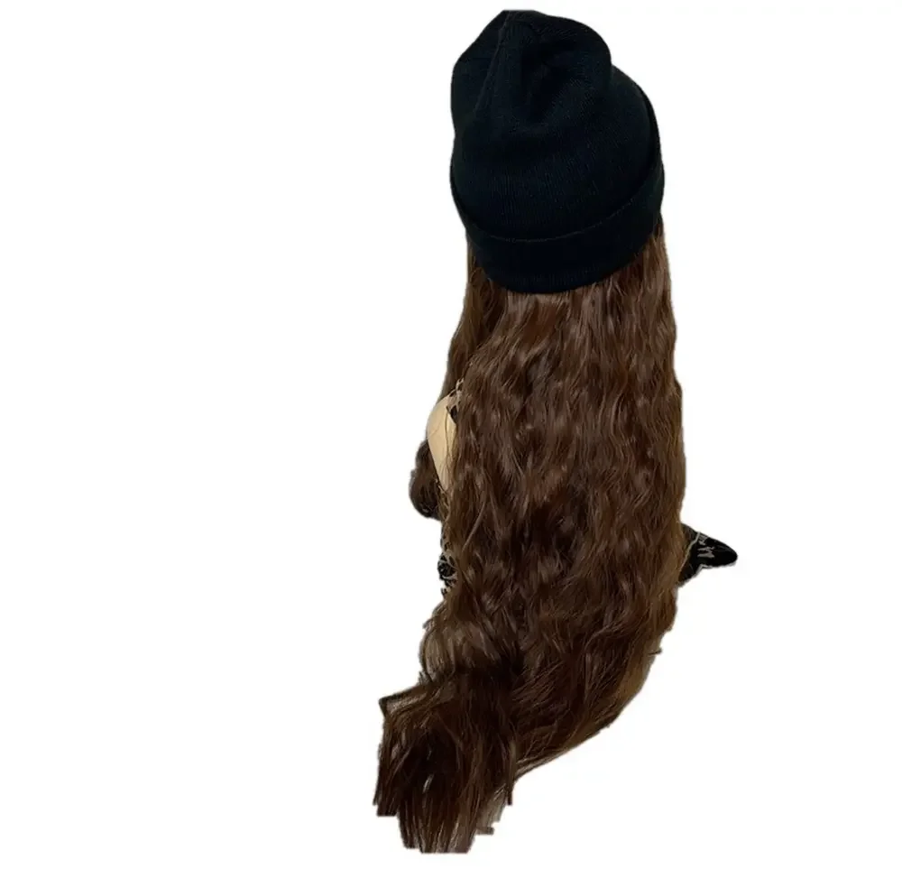 Long Curly Wavy Brown Hair Beanie Wig • Black Knit Hat Attached Extensions 30”